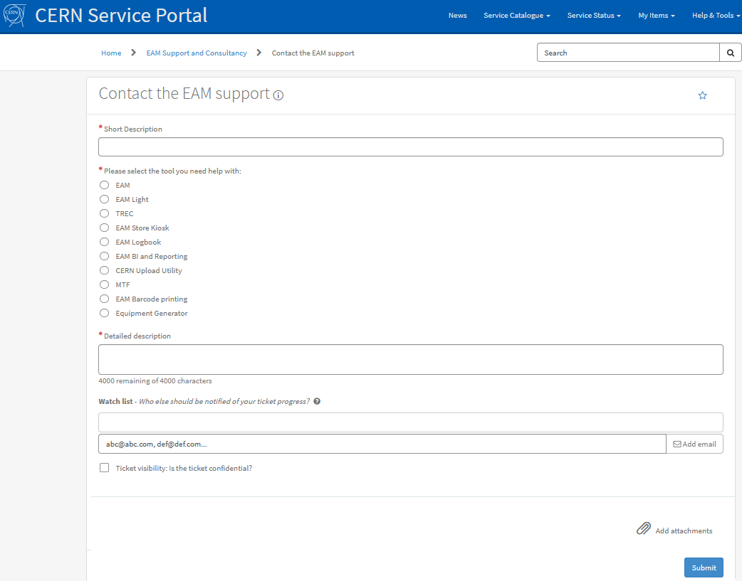 ServiceNow EAM Request Form