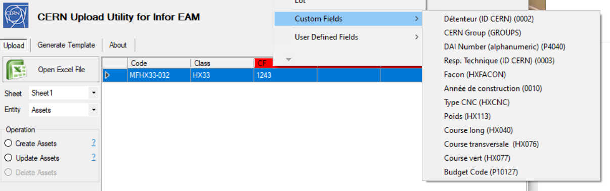 Upload custom fields in CERN Upload Utility