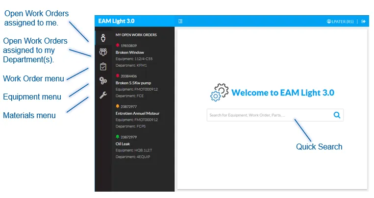 EAM Light Main Page Instructions